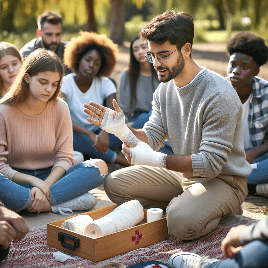 An instructor is teaching first aid to a diverse group of students outdoors, with a focus on bandaging techniques