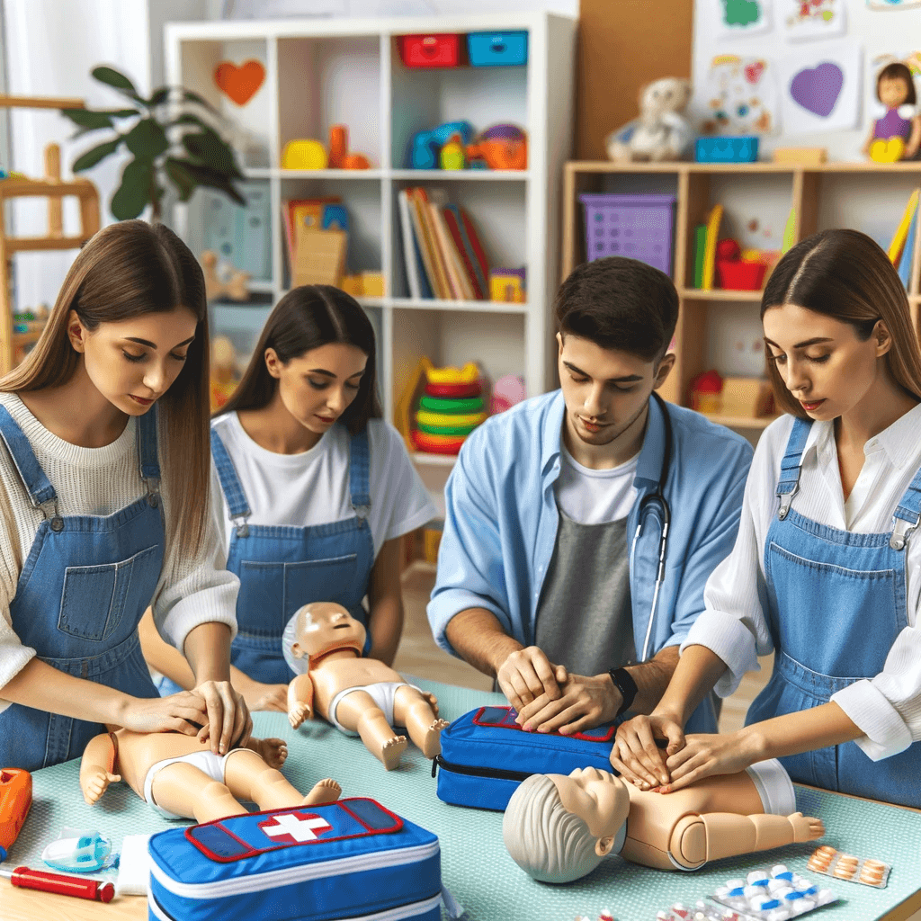 Image of childcare workers practicing first aid-Orange First Aid
